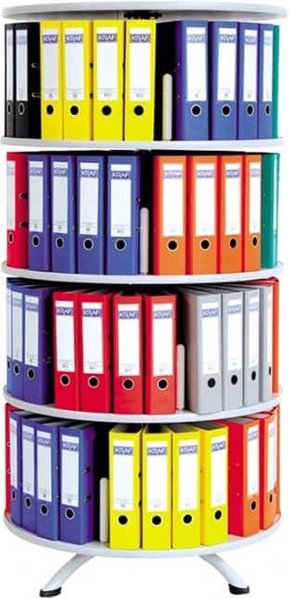 Draaibare archiefkast met vier etages, gevuld met gekleurde ordners.