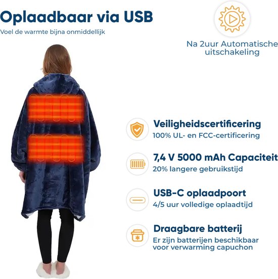 Grayce Verwarmende Hoodie Deken Snuggie met heaterfunctie Snuggle