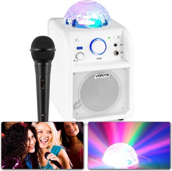 Karaoke set - Vonyx SBS50W Witte karaoke set op accu met Bluetooth, microfoon met echo effect en LED lichteffect - Direct zingen of feesten!
