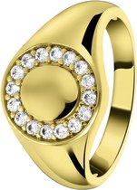 Lucardi Dames Goldplated zegelring rond met zirkonia - Ring - Cadeau - Moederdag - Goudkleurig