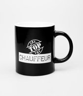 Mok - Zwart Wit - Top Chauffeur - Gevuld met snoepmix - In geschenkverpakking met gekleurd lint