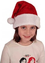 2x Voordelige pluche Kerstmuts met glitters voor kinderen - goedkope / voordelige kinder Kerstmutsen - Rood