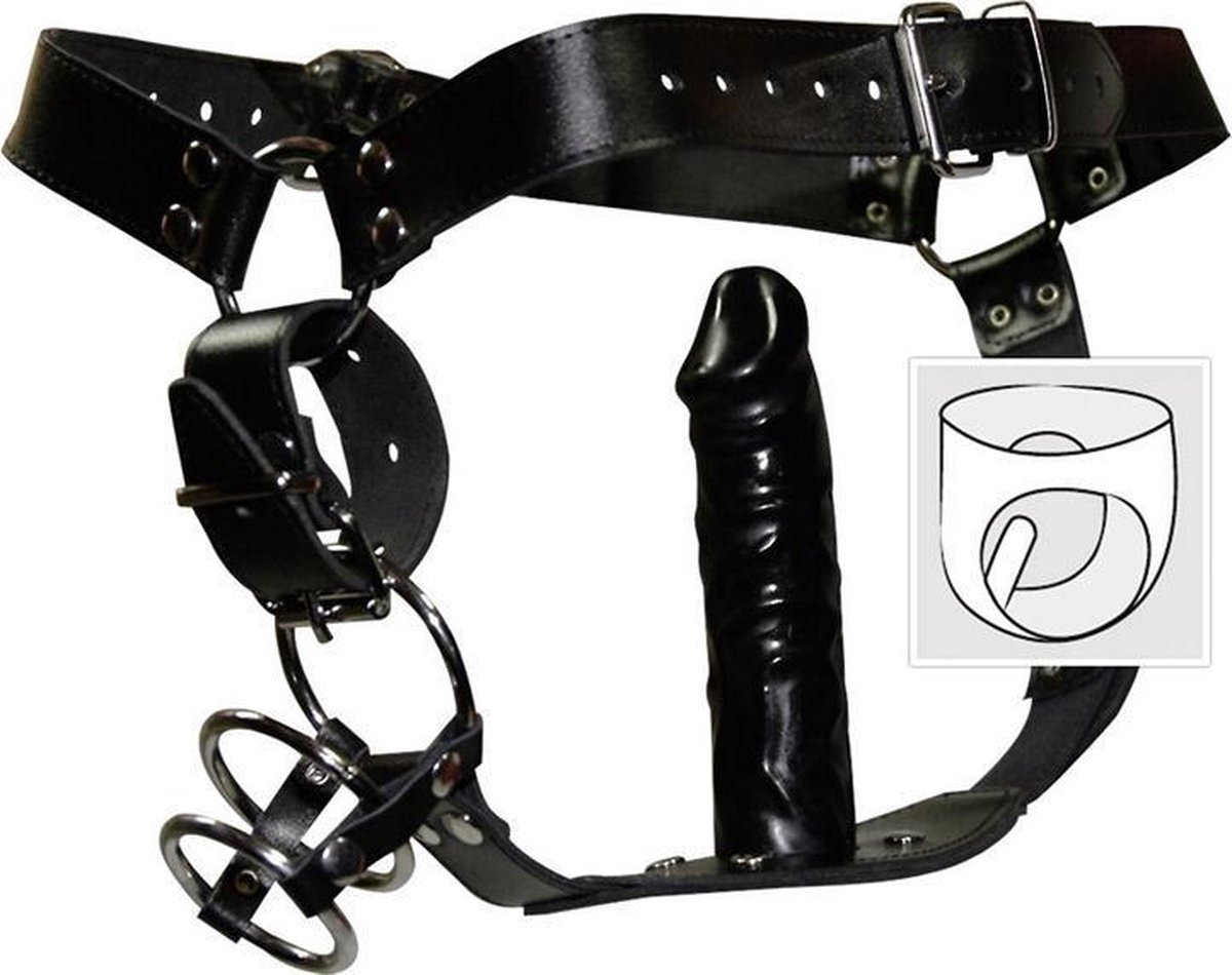 Goedkoopste ZADO – Lederen Bondage String met 3 Penis Ringen en Anale Dildo voor Goed Gevuld Gevoel Maat L/XL – Zwart