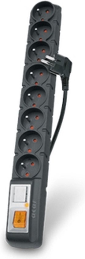 Zwarte stekkerdoos met 6 stopcontacten, aan/uit schakelaar, een stekker en een kabel.