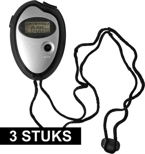 3x Voordelige digitale sport stopwatch zwart/metallic zilver - Merkloos