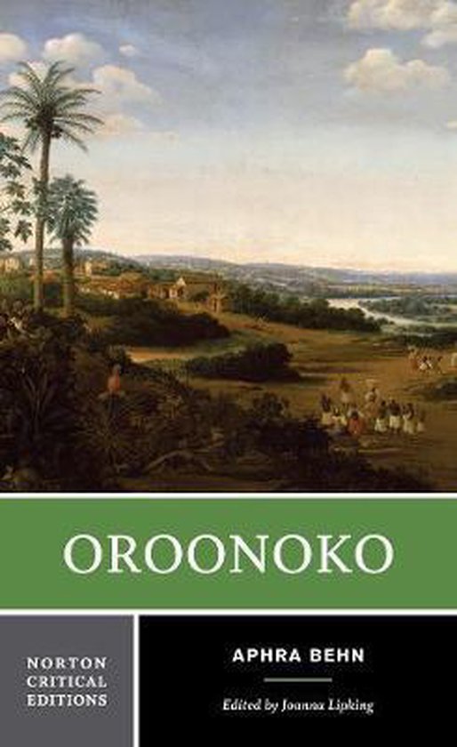 Boekomslag van Oroonoko, met een schilderij van een landschap met palmbomen, figuren en gebouwen.