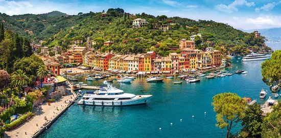 Panoramisch beeld van de haven van Portofino met kleurrijke gebouwen, jachten en groen, op een zonnige dag.