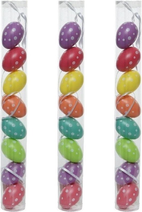 24x Pasen decoratie paaseieren gekleurd met stippen 5 cm - Paastakken versieringen/decoraties paaseitjes