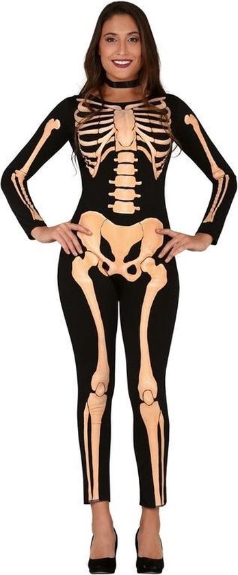 Zwart/oranje skelet verkleed kostuum voor dames - Geraamte/botten print - Halloween/horror verkleedkleding 42-44 (L/XL)
