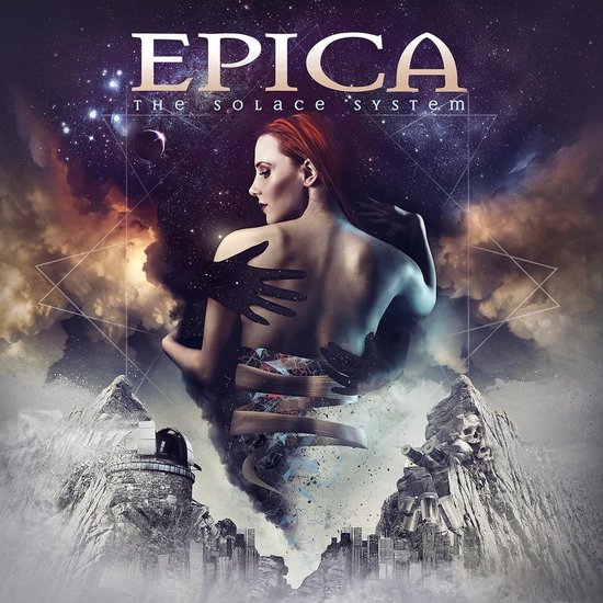 Albumhoes 'The Solace System' van Epica met vrouwelijk figuur en kosmische elementen.