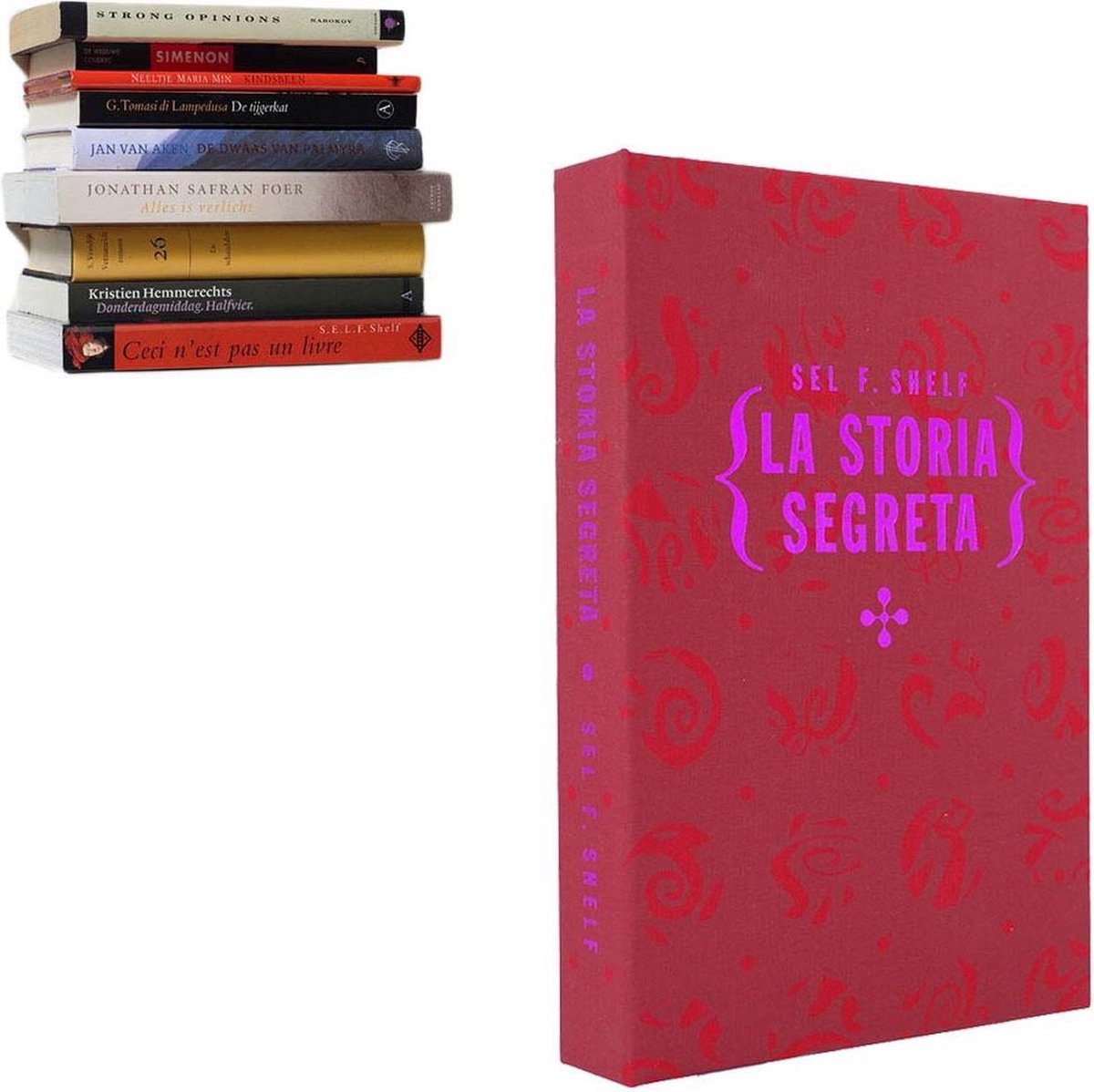 Selfshelf - Zwevende boekenplank - Linnen - Rood - tekst La storia segreta - L 22,5 x B 15,5 x H 3,5 cm