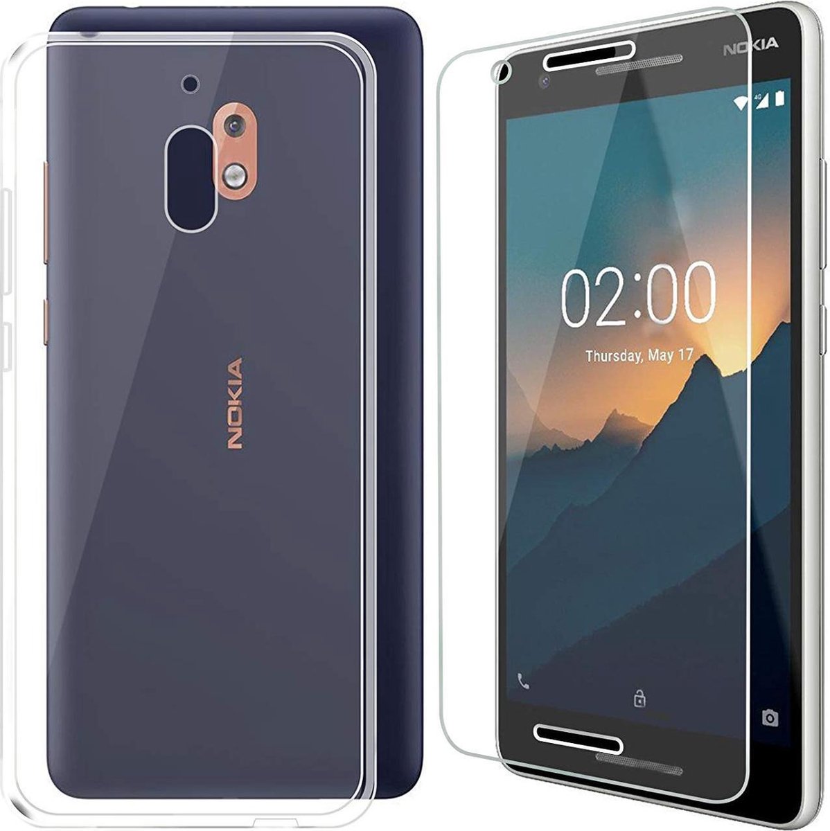 Nokia 2.1 Hoesje Transparant TPU Siliconen Soft Case + 2X Tempered Glass Screenprotector