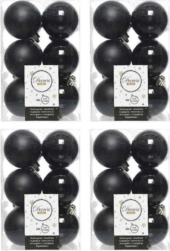 48x Zwarte kunststof kerstballen 6 cm Mat/glans Onbreekbare plastic