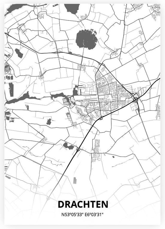 Drachten plattegrond - A3 poster - Zwart witte stijl