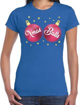 Fout kerst t-shirt blauw met roze Xmas balls borsten voor dames - kerstkleding / christmas outfit L