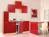 Goedkope keuken 180  cm - complete kleine keuken met apparatuur Gerda - Beuken/Rood - elektrische kookplaat  - koelkast          - mini keuken - compacte keuken - keukenblok met ap
