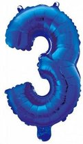 Folie Ballon Cijfer 3 Blauw 41cm met Rietje