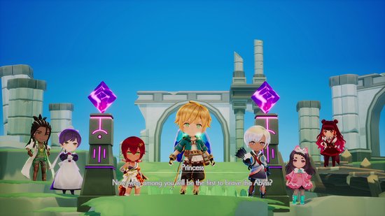 Zeven anime-personages staan op een platform met ruïnes en paarse kristallen. Een mannelijk personage in het midden draagt een groene jas. De tekst 'Princess' staat boven hem.