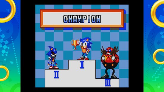 Sonic Origins Plus gameplay: Sonic staat op het podium met een trofee, Metal Sonic op de tweede plaats, Dr. Eggman op de derde.