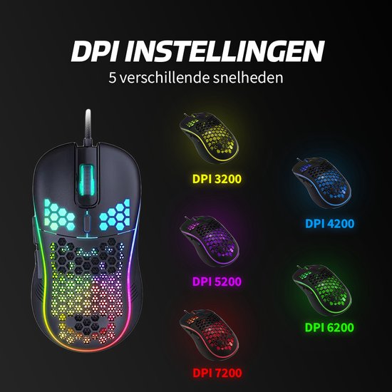 Zwarte gaming muis met honingraat patroon en RGB verlichting, met afbeeldingen van vijf verschillende DPI instellingen.