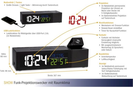 Balance Réveil Radio-Piloté LCD Argent / Noir - Horloge à Projection Et  Numérique 