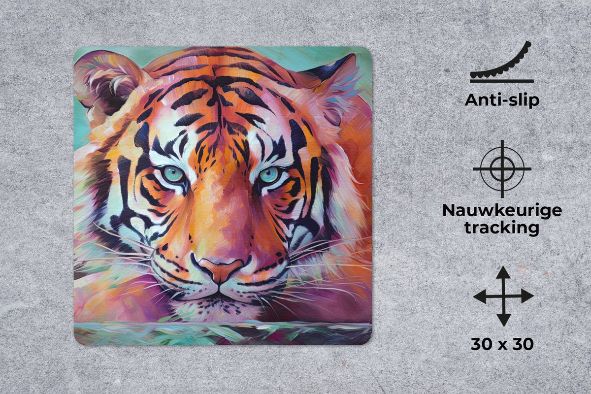 Muismat 30x30 cm - Mousepad Tijger - Olieverf - Dieren - Kunst - Muismatten