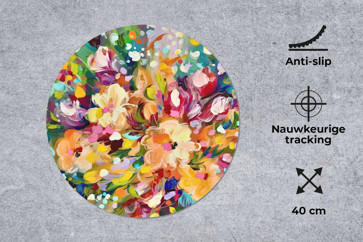 Muismat rond 40x40 cm - Mousepad Schilderij - Olieverf - Bloemen - Regenboog - Ronde muismatten