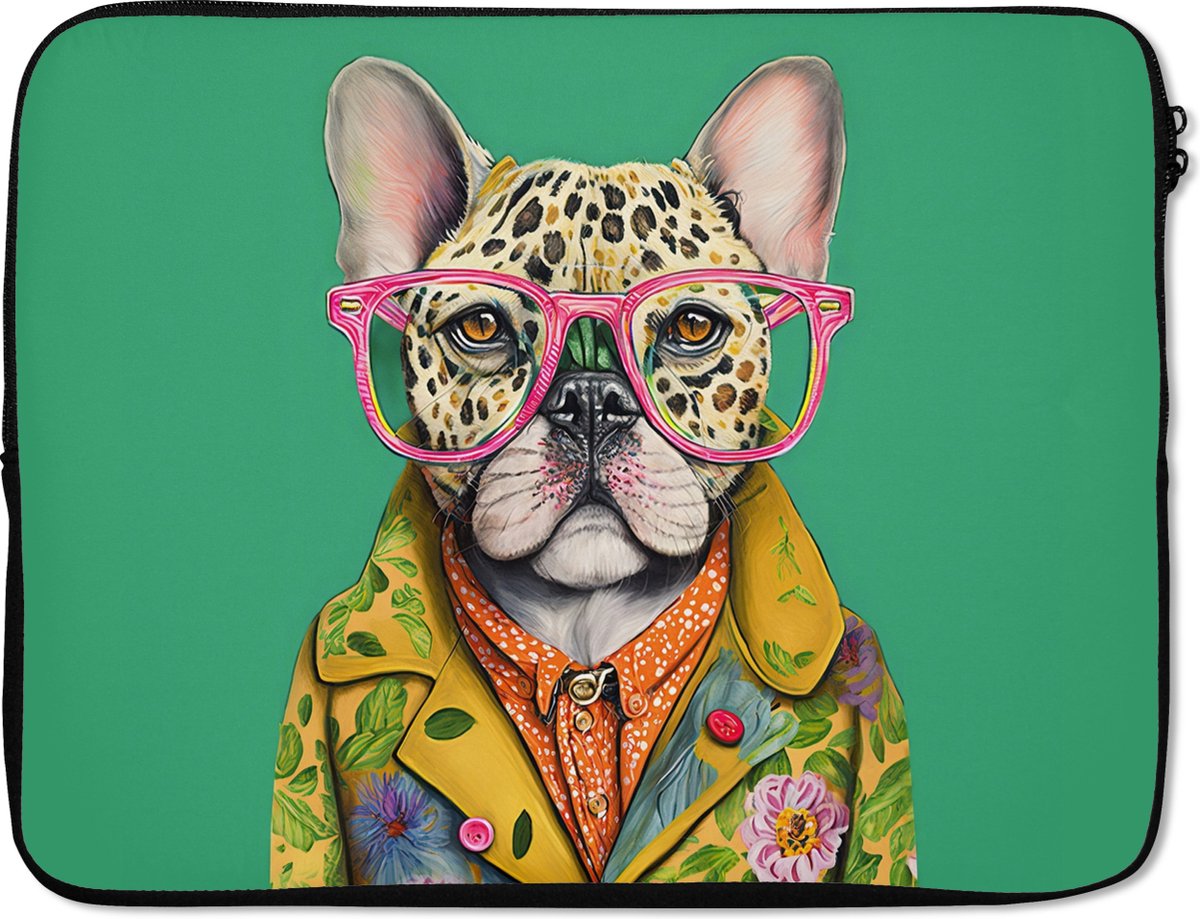 Laptophoes 15.6 inch - Bulldog - Bril - Design - Hond - Dieren - Laptop sleeve - Binnenmaat 37x26 cm - Zwarte achterkant