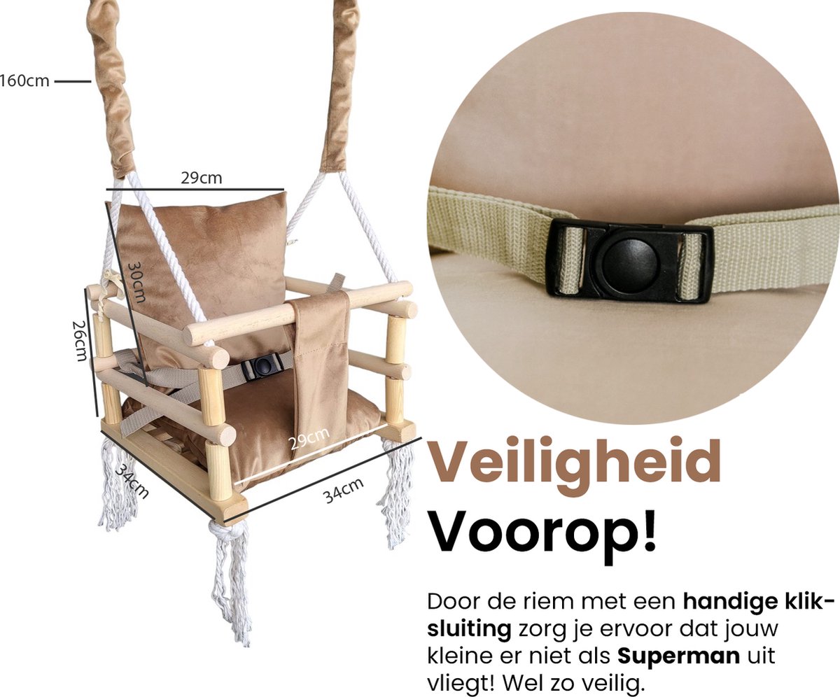 Luxe houten 3 in 1 beige/bruine meegroei baby schommel en Kinder schommel – Baby swing – Schommel die meegroeit met je kindje - Schommelstoel - Schommels - Handgemaakt — afbeelding 12