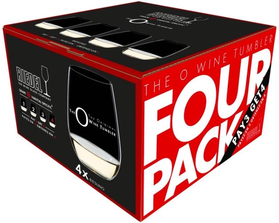 Riedel O Wine Tumbler vierpack voor Riesling. Zwarte doos met 'Four Pack' en 'Pay 3 Get 4'.