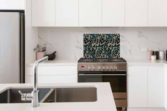 Spatscherm keuken 60x40 cm - Kookplaat achterwand Dierenprint - Panterprint - Turquoise - Muurbeschermer - Spatwand fornuis - Hoogwaardig aluminium