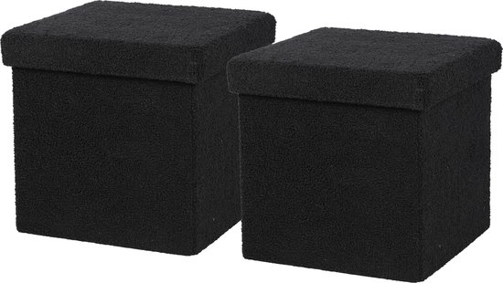 Urban Living Poef Square BOX - 2x - hocker - opbergbox - zwart - polyester/mdf - 38 x 38 cm - opvouwbaar