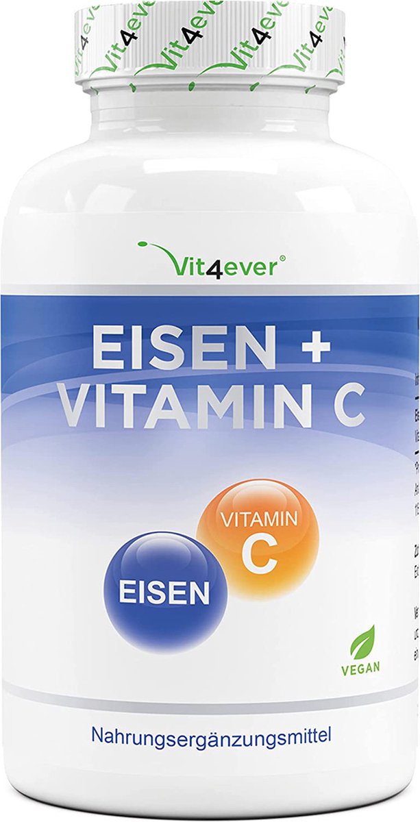 Goedkoopste Ijzer - Vit4ever - 365 tabletten met 40 mg zuiver ijzer natuurlijke vitamine C - Hoogwaardige grondstof ijzerbisglycinaat (ijzerchelaat) - Hooggedoseerd - Veganistisch