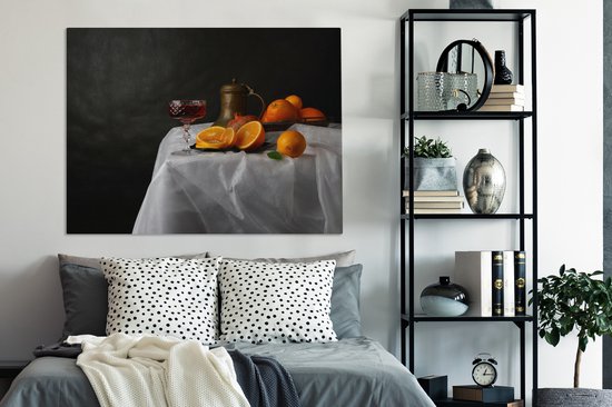 Tableau sur toile Nature Morte - Mandarines - Vin - 120x90 cm - Décoration murale