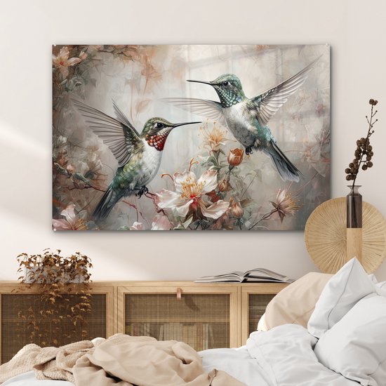 MuchoWow® Glasschilderij 120x80 cm - Schilderij acrylglas - Kolibrie - Vogels - Bloemen - Planten - Foto op glas - Muurdecoratie woonkamer - Wanddecoratie slaapkamer - Schilderijen