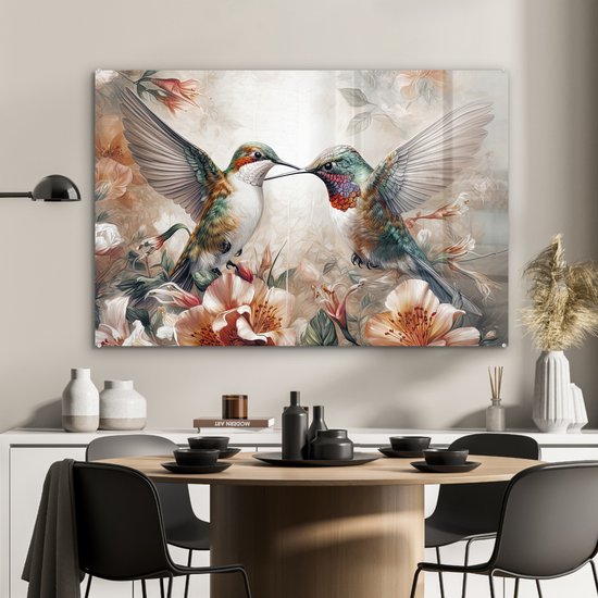 MuchoWow® Peinture sur verre 90x60 cm - Peinture sur verre - Colibri - Vogels - Fleurs - Nature - Photo sur verre acrylique - Peintures