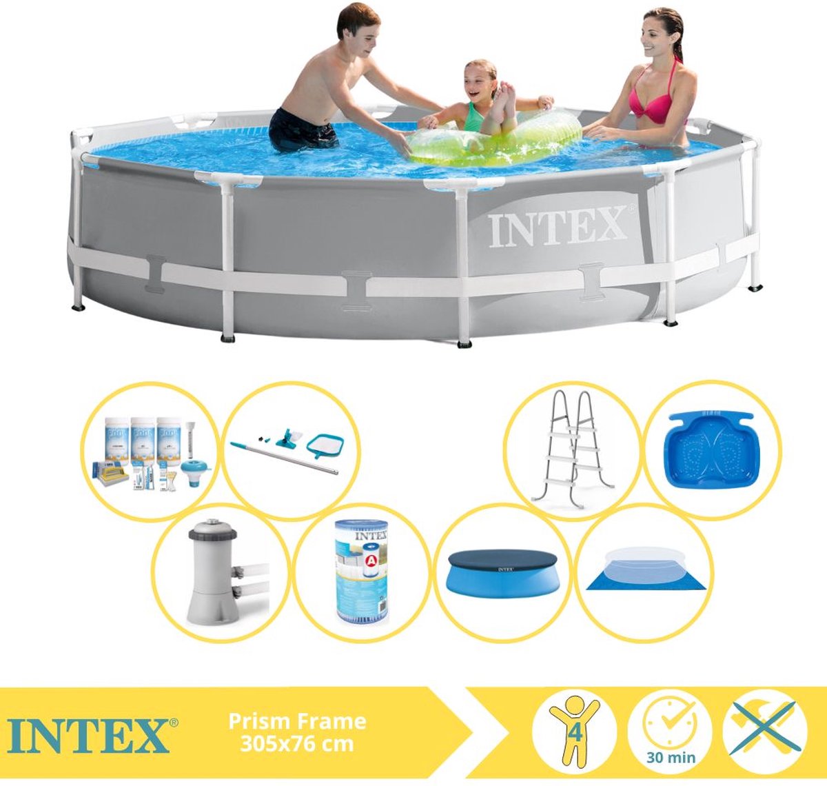 Intex Rond Prism Frame Zwembad - 366 x 76 cm - Grijs - Inclusief Pomp - Afdekzeil - Onderhoudspakket - Filter - Grondzeil - Schoonmaakset - Ladder - Voetenbad - 9-delig