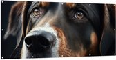 Tuinposter – Close-up van Kop van Bruin met Zwarte Hond - 200x100 cm Foto op Tuinposter (wanddecoratie voor buiten en binnen)