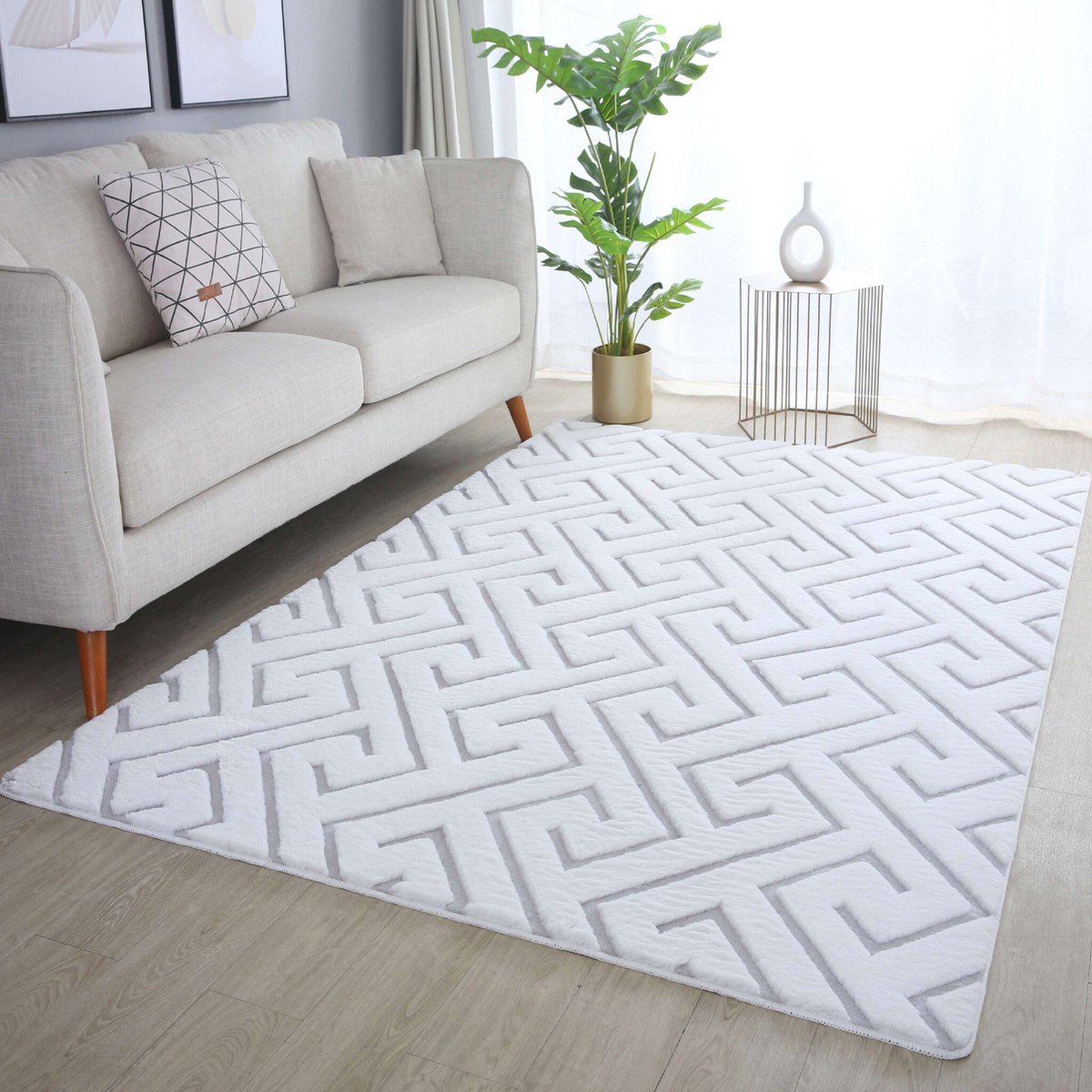 flycarpets Nonia Hoogpolig Fluffy 3D Design Geometrisch Vloerkleed - Wit / Zilver - 80x250 cm Grijs