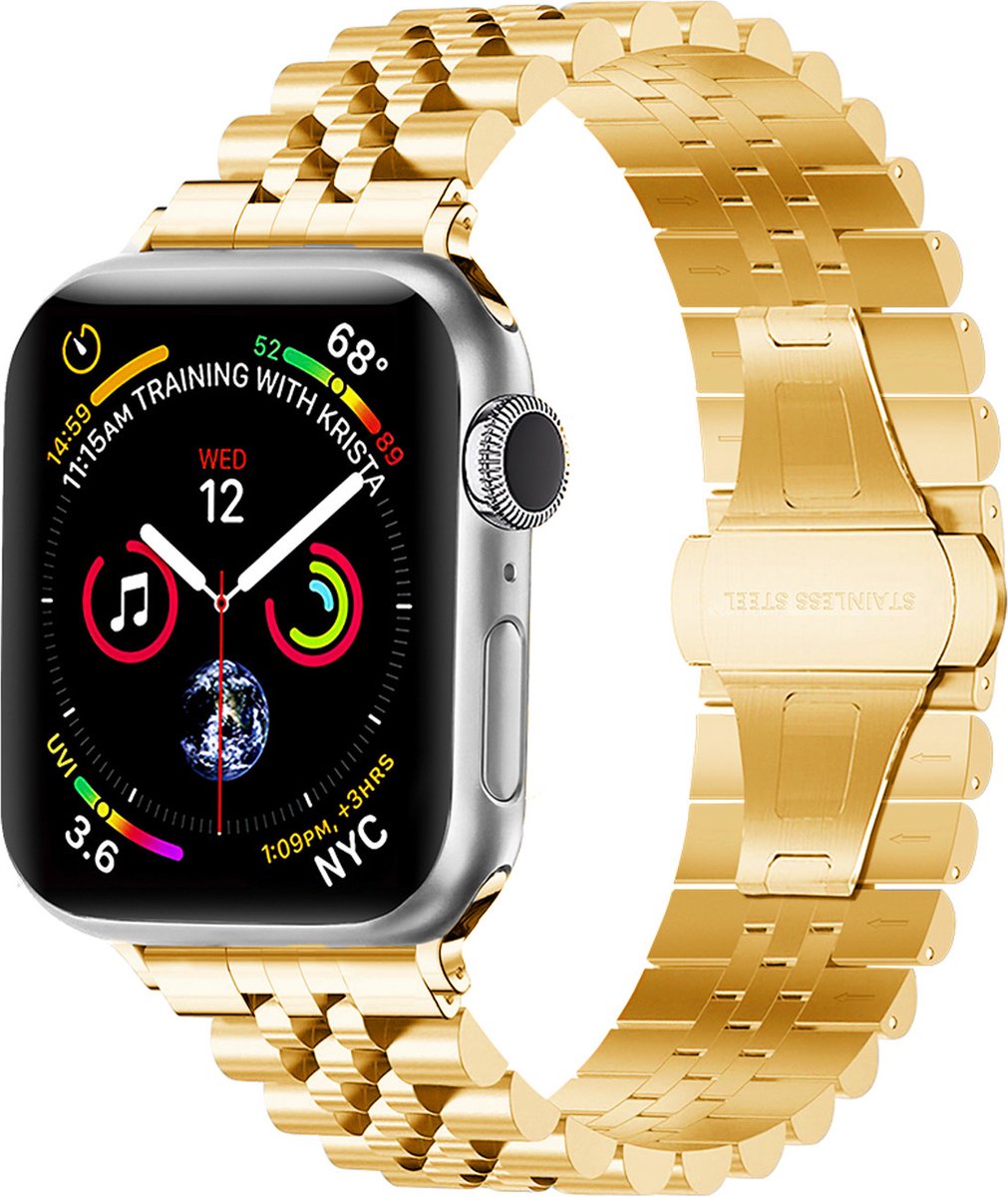 Strap-it Jubilee stalen schakel band - Geschikt voor Apple Watch bandje - Series 1/2/3/4/5/6/7/8/9/10/11/SE/SE2/SE3 - Goud - Staal/metalen luxe band met vlindersluiting - RVS iWatch bandje voor maat: 38 / 40 / 41 / 42mm