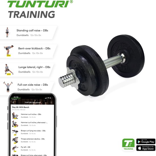 Man doet oefeningen met dumbbells, met een overzicht van oefeningen en Tunturi app.
