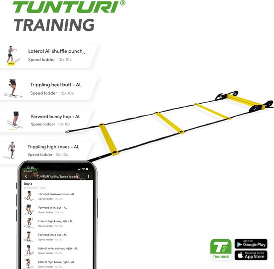 Tunturi Agility Ladder - Speed ladder - Fitness ladder - Loop ladder - 4.5m - Incl. gratis fitness app - Tunturi