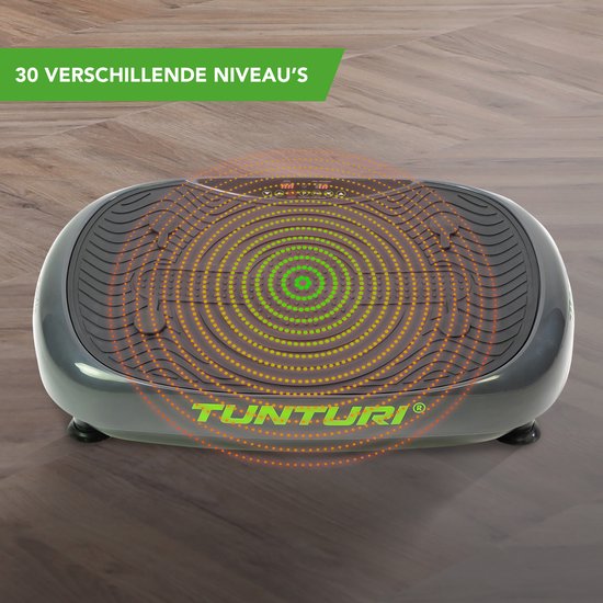 Tunturi V10 trilplaat met cirkelpatroon van groene en oranje lampjes, 30 niveaus.
