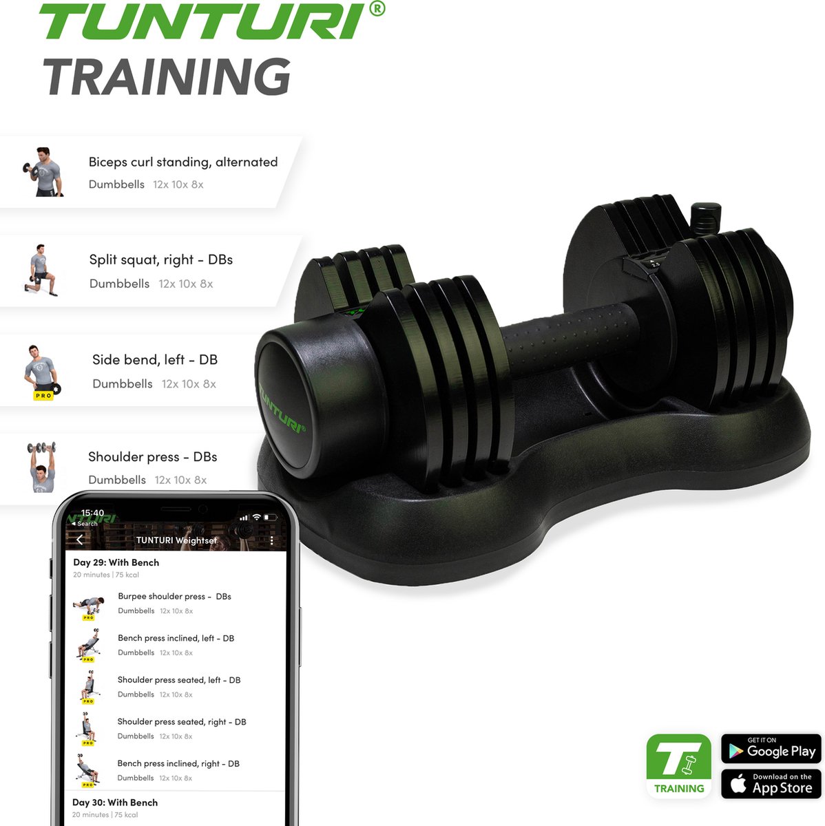 Tunturi Verstelbare Dumbbell - Selector dumbbell - Halterset- Enkele dumbbell - Verstelbaar van 2,5kg tot 25kg - Incl. gratis fitness app – foto 2