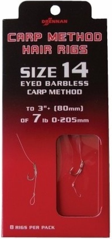 Foto: Drennan carp method hair rigs eyed barbless 8cm 8pcs maat haak 16 0 18mm