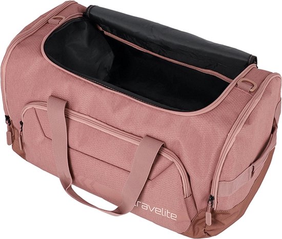 Open roze sporttas met aan de zijkanten bruine accenten.