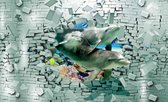 Fotobehang - Vlies Behang - Dolfijnen komen uit Stenen Muur 3D - 312 x 219 cm