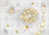 Fotobehang - Vlies Behang - Zilveren en Gouden Bloemen Kunst - 208 x 146 cm