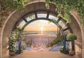 Fotobehang - Vlies Behang - 3D Raamzicht op de Zonsondergang bij de Duinen en het Strand aan Zee - 312 x 219 cm
