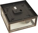 Onderkant van een vierkante buitenlamp met glazen zijkanten, een gouden frame en montagemogelijkheden.